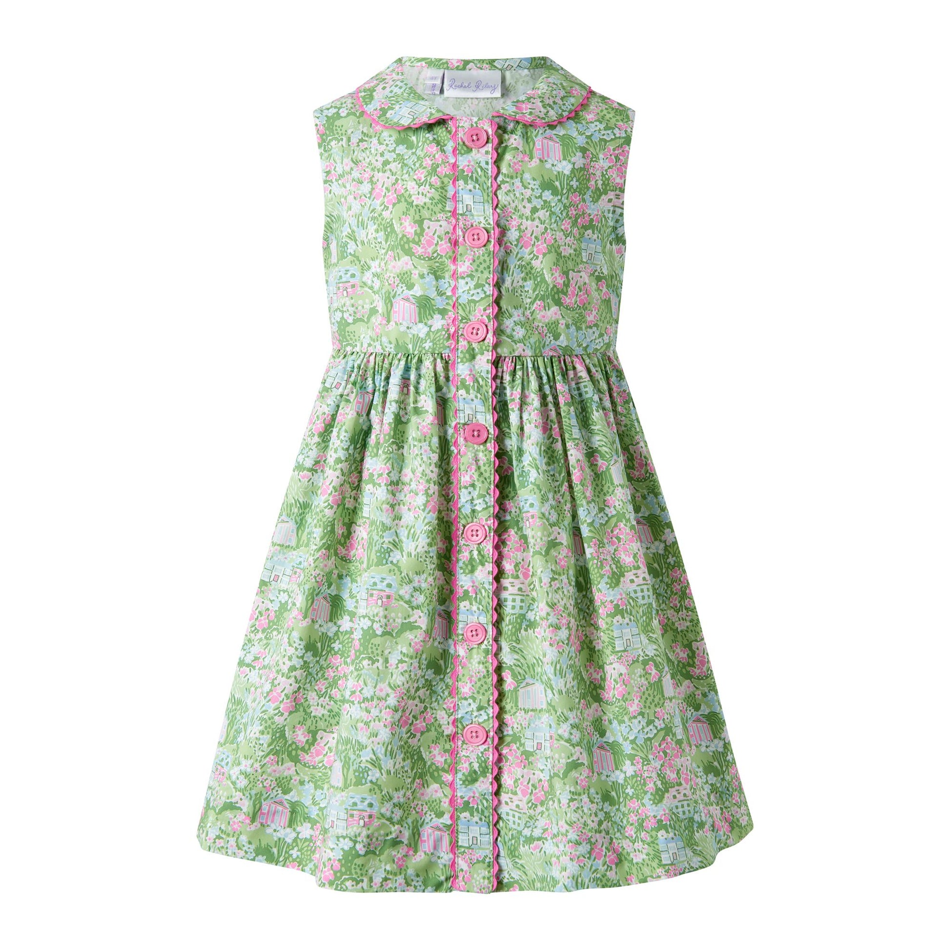 Rachel Riley London Girls Green Garden Button Front Dress