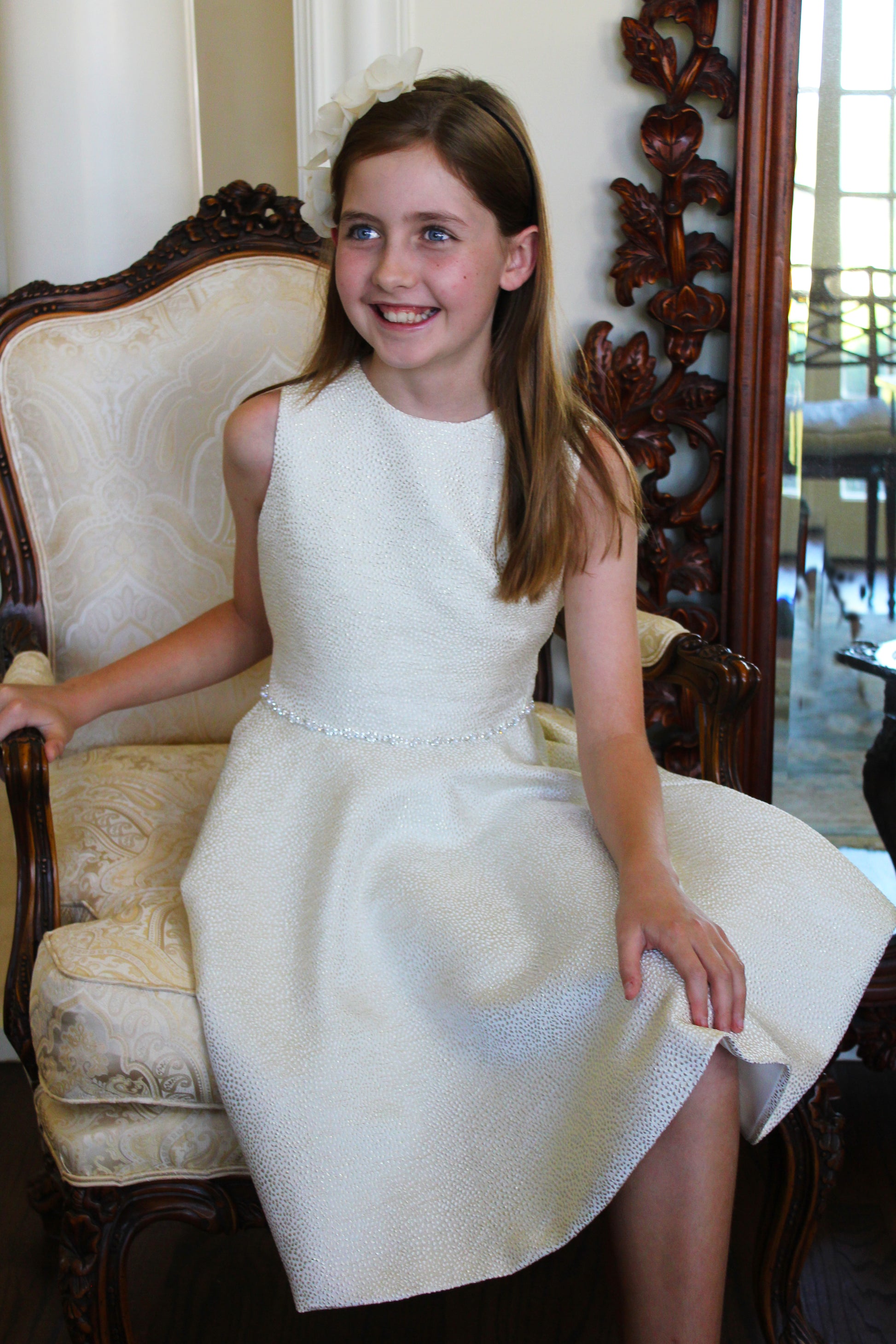 Susanne Lively Girls Twirl Dress with Jewel Trim - Ivory Sparkle