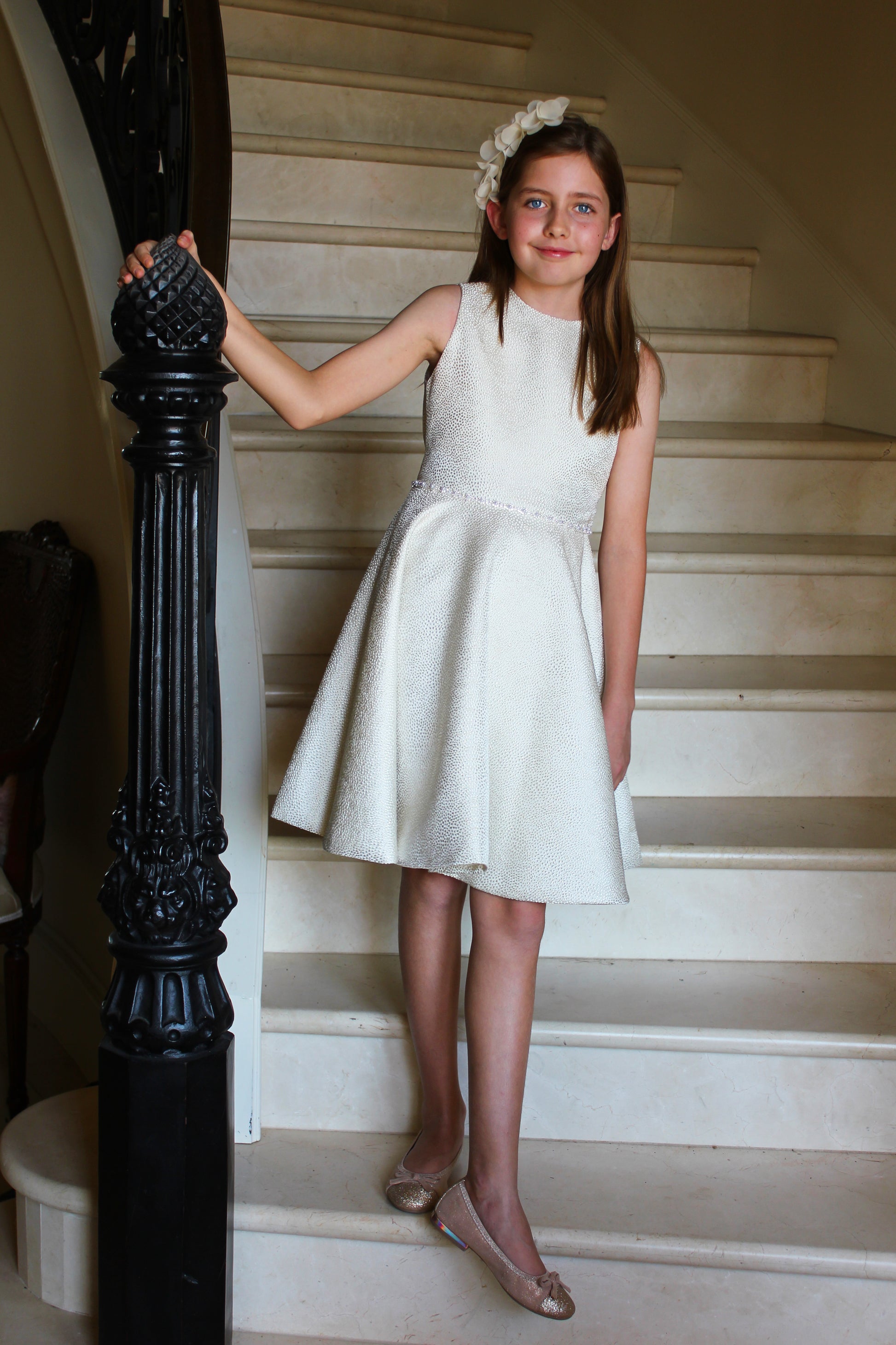 Susanne Lively Girls Twirl Dress with Jewel Trim - Ivory Sparkle