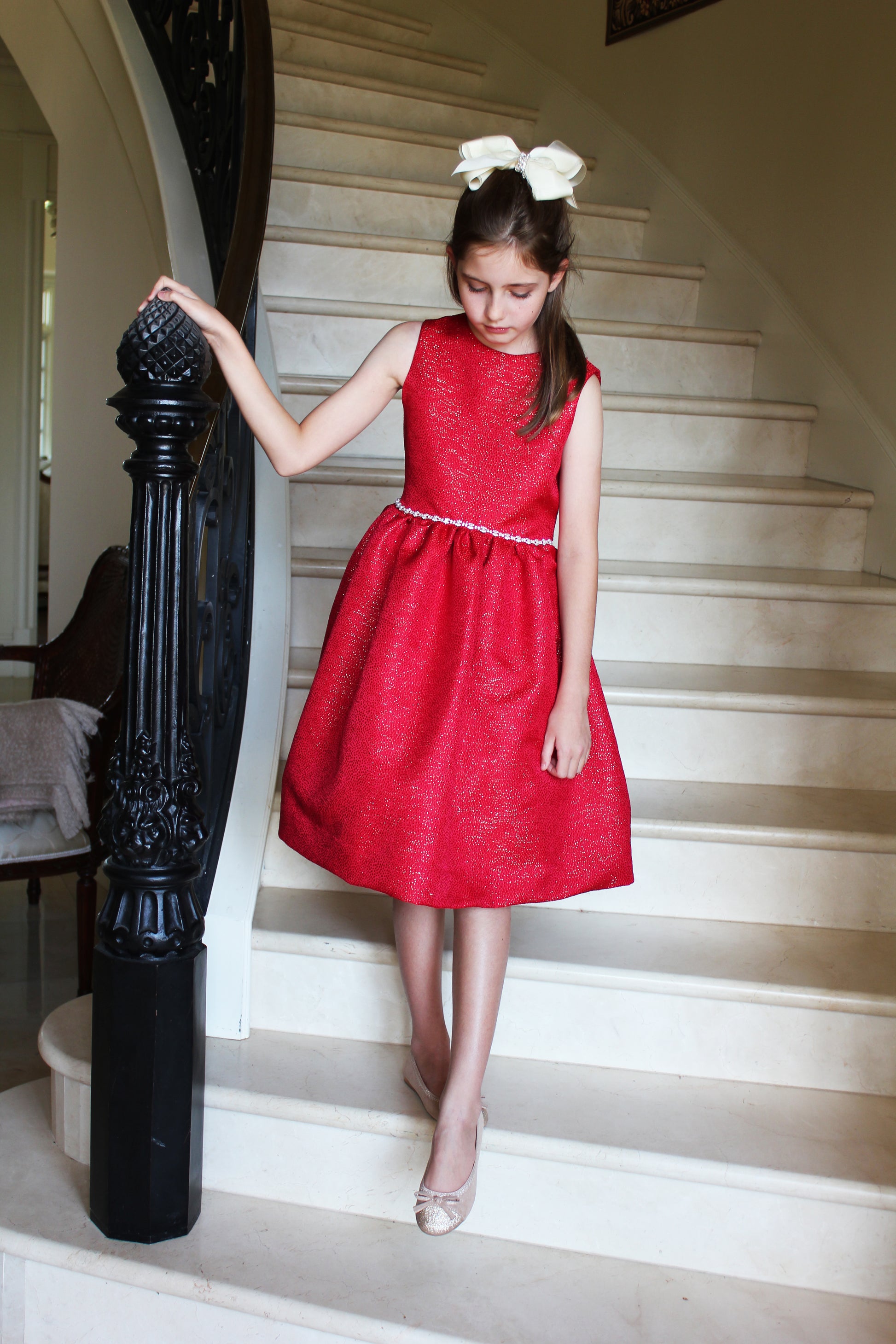 Susanne Lively Girls Red Sparkle Christmas Party Dress - Jewels at Waist