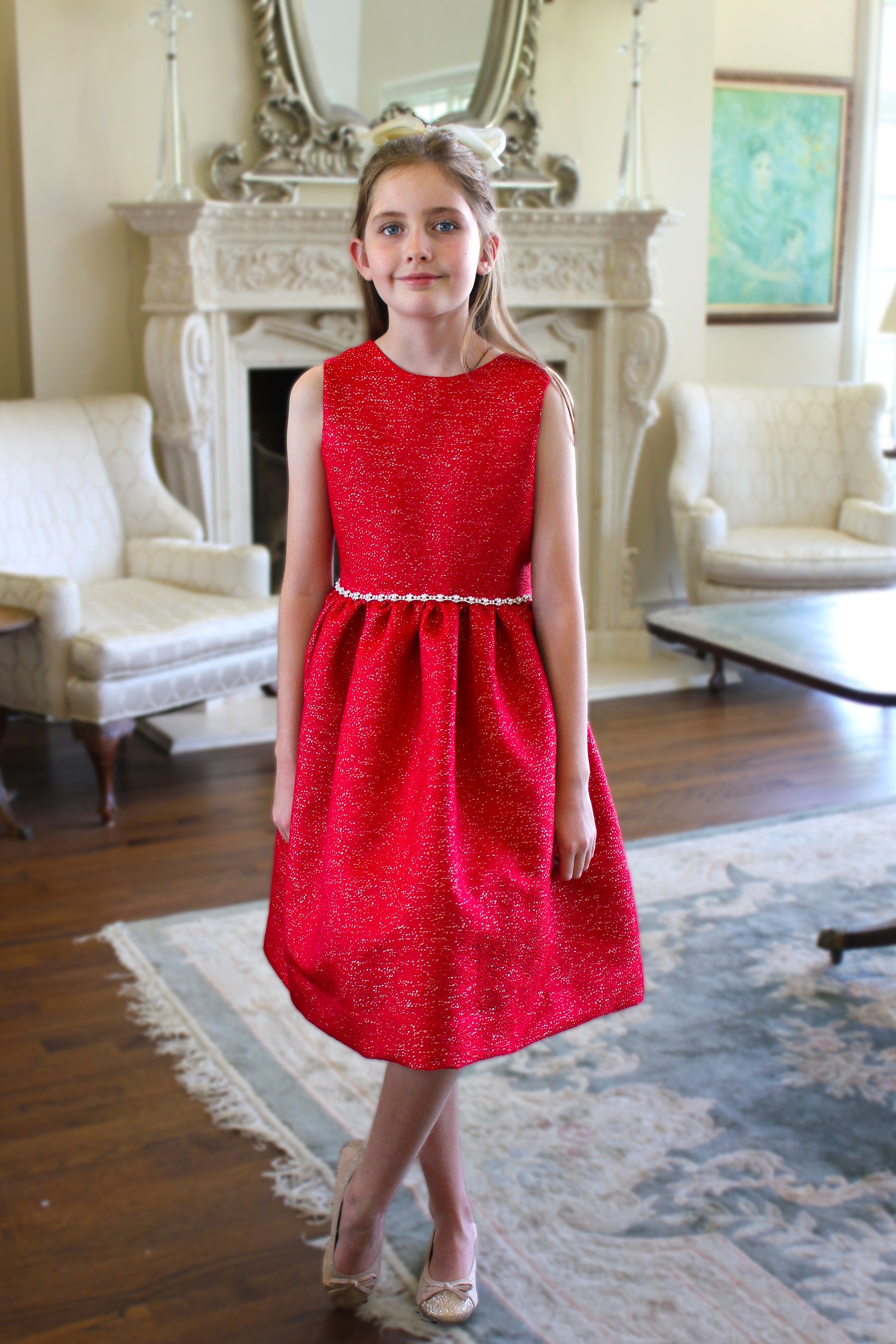 Susanne Lively Girls Red Sparkle Christmas Party Dress - Jewels at Waist
