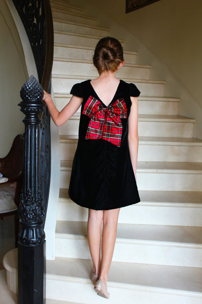 Susanne Lively Girls Velvet A-Line Dress - V-Back and Holiday Plaid Bow - Black by Susanne Lively