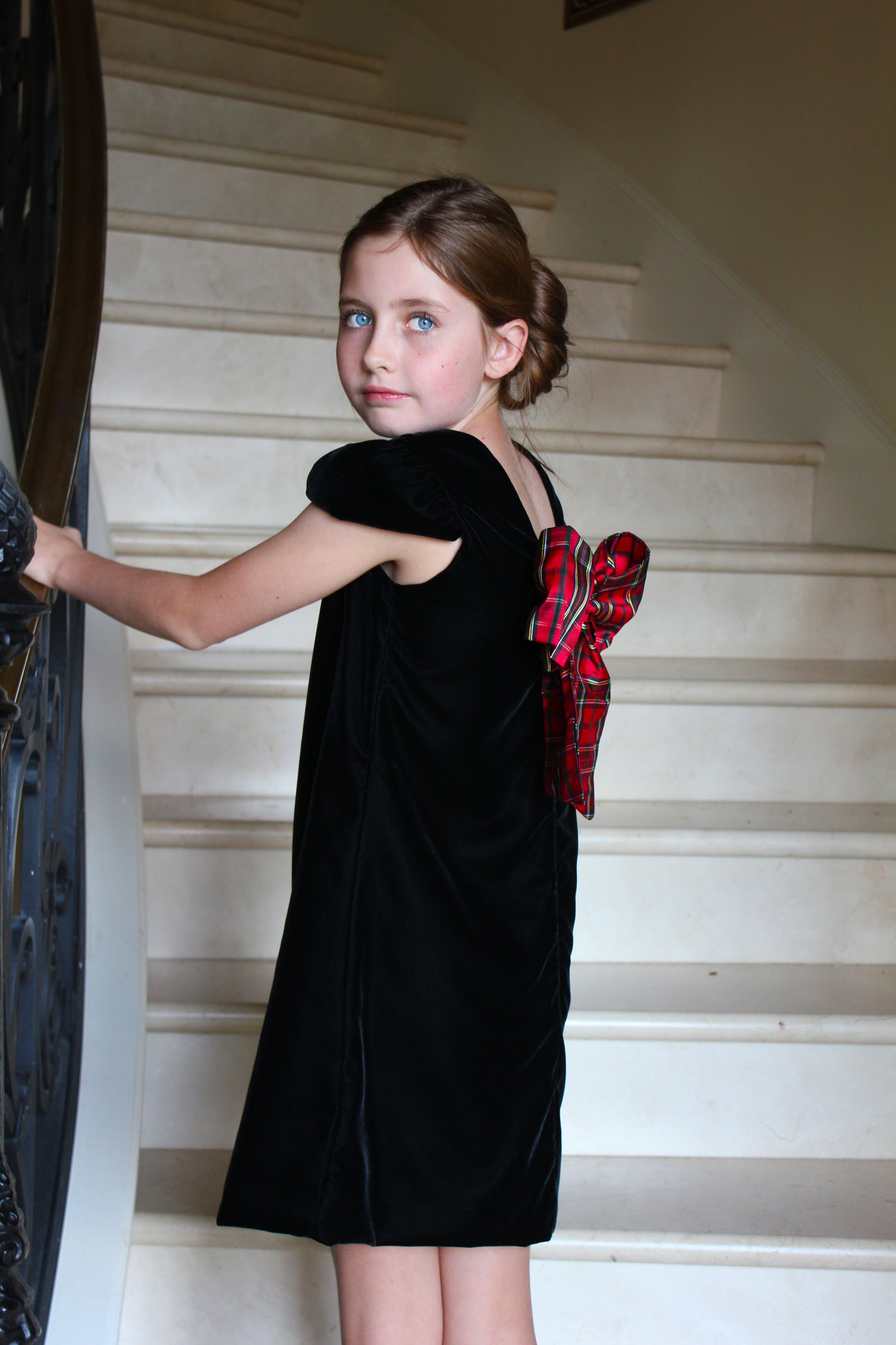 Susanne Lively Girls Velvet A-Line Dress - V-Back and Holiday Plaid Bow - Black 8 Susanne Lively Girls Velvet A-Line Dress - V-Back and Holiday Plaid Bow - Black 8