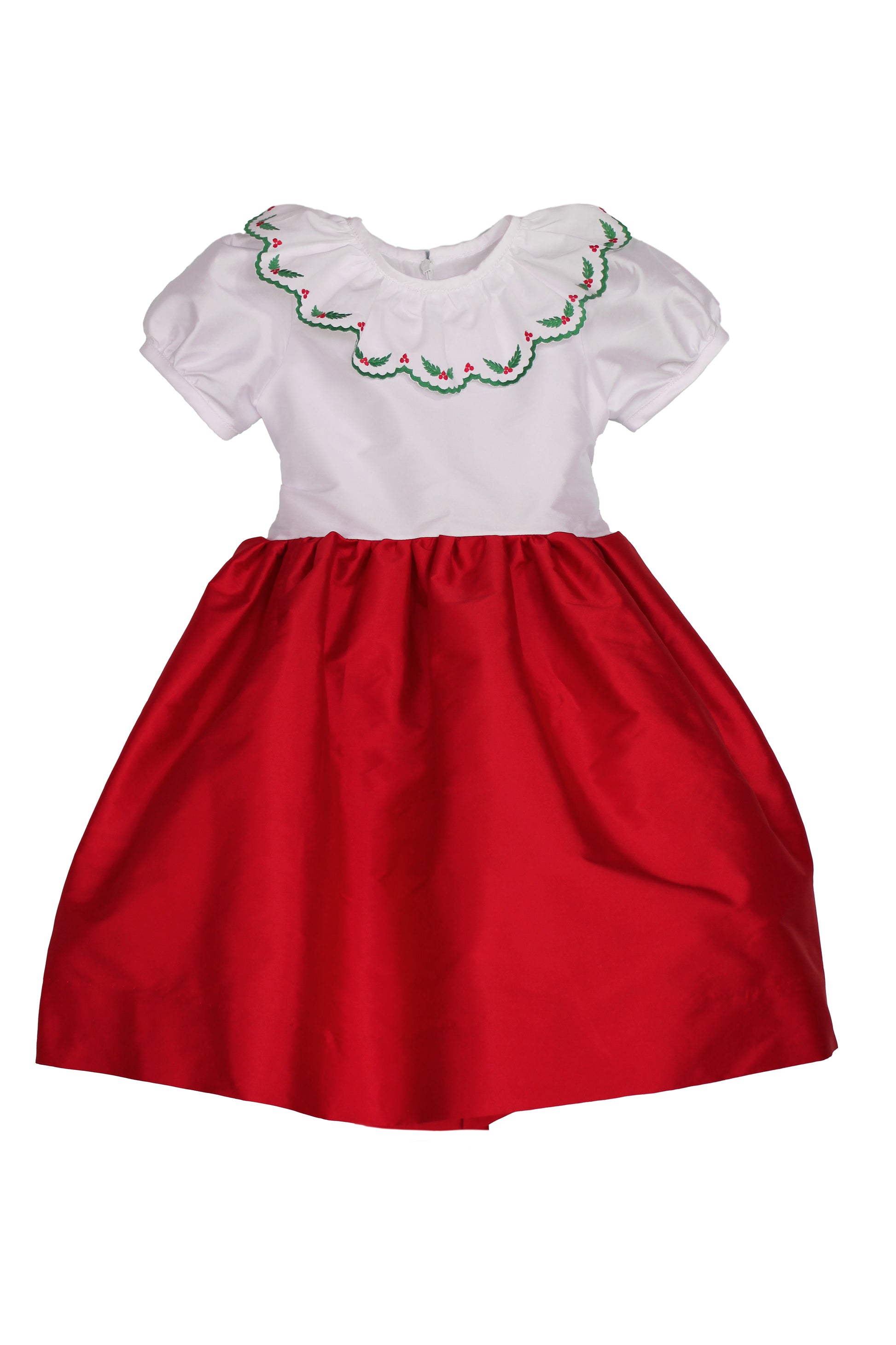 Susanne Lively Girls Red Christmas Party Dress - Red Skirt & Sash - Embroidery Holly on White Bodice