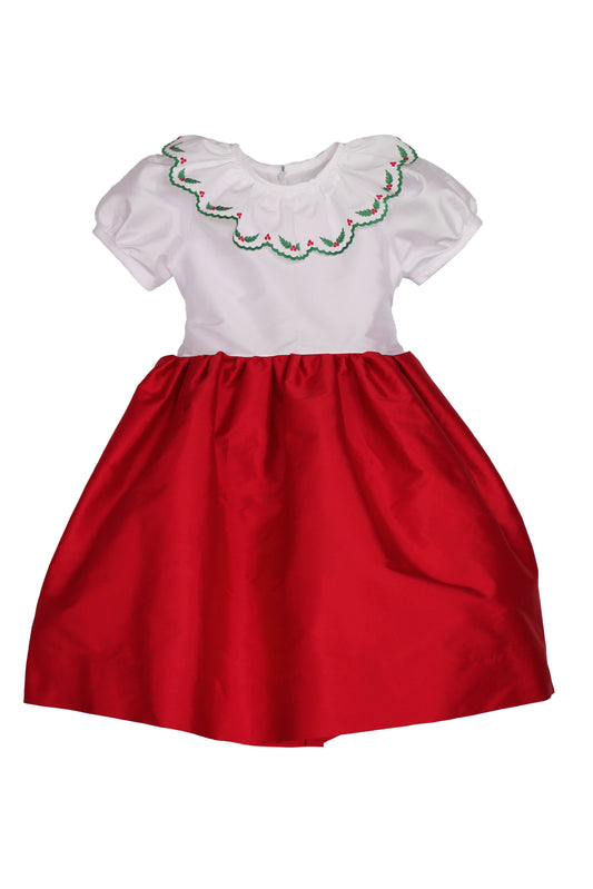Susanne Lively Girls Red Christmas Party Dress - Red Skirt & Sash - Embroidery Holly on White Bodice