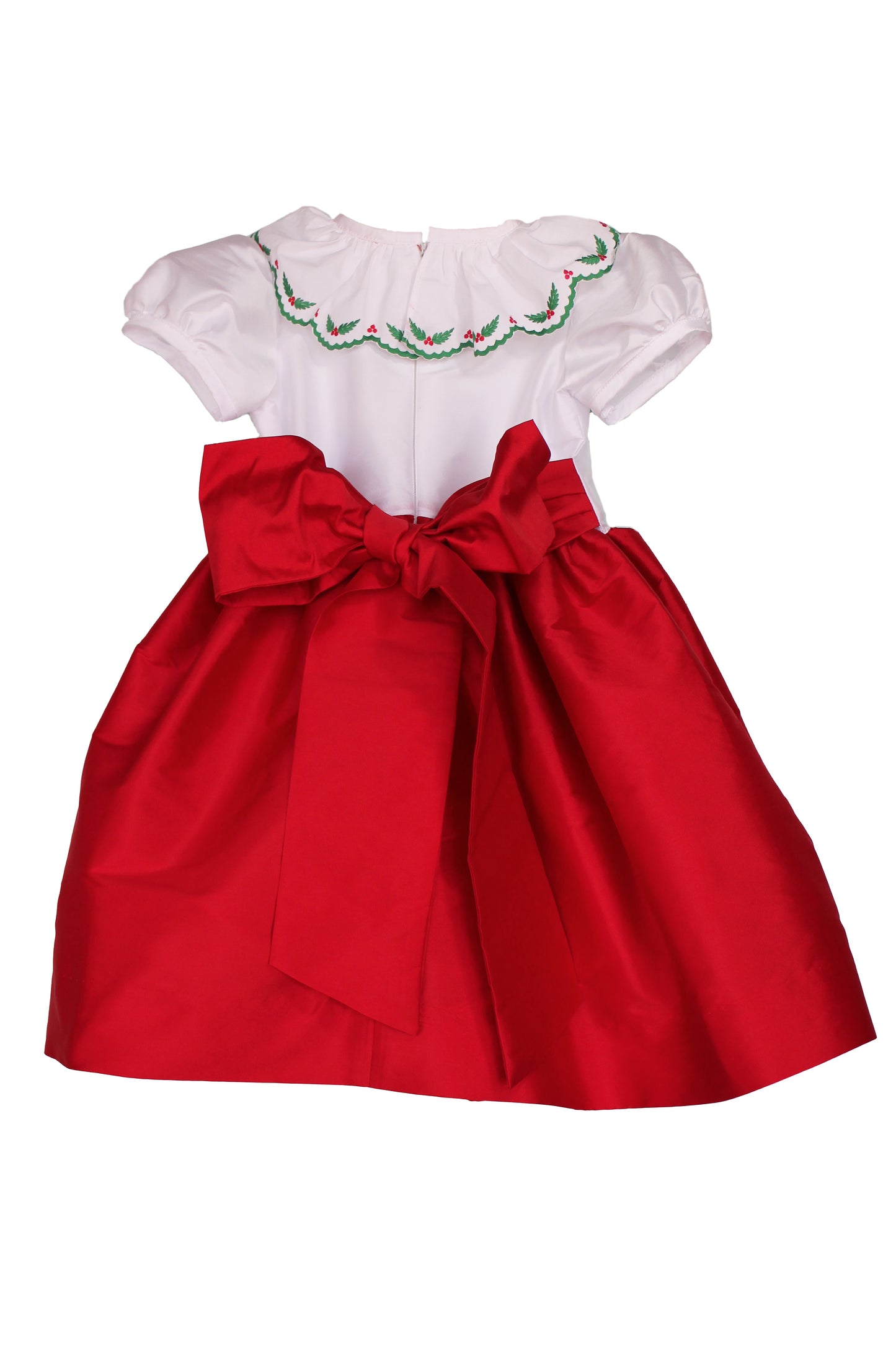 Susanne Lively Girls Red Christmas Party Dress - Red Skirt & Sash - Embroidery Holly on White Bodice