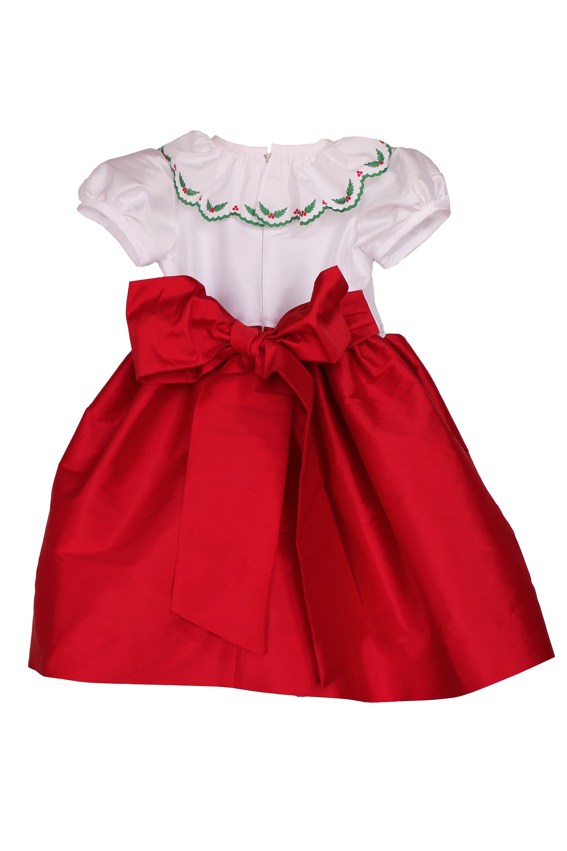 Susanne Lively Girls Red Christmas Party Dress - Red Skirt & Sash - Embroidery Holly on White Bodice