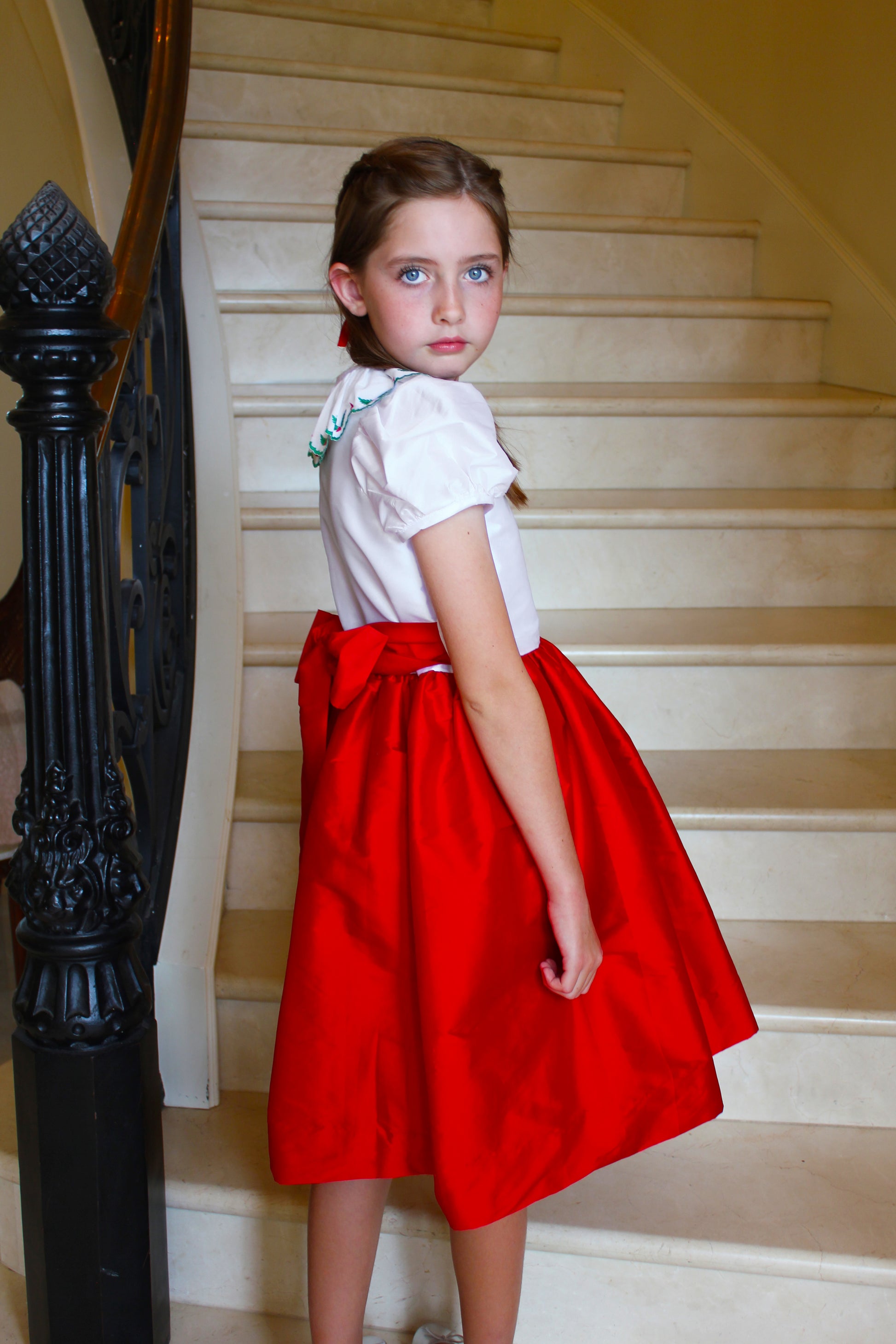Susanne Lively Girls Red Christmas Party Dress - Red Skirt & Sash - Embroidery Holly on White Bodice