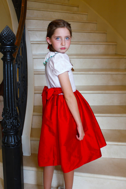 Susanne Lively Girls Red Christmas Party Dress - Red Skirt & Sash - Embroidery Holly on White Bodice