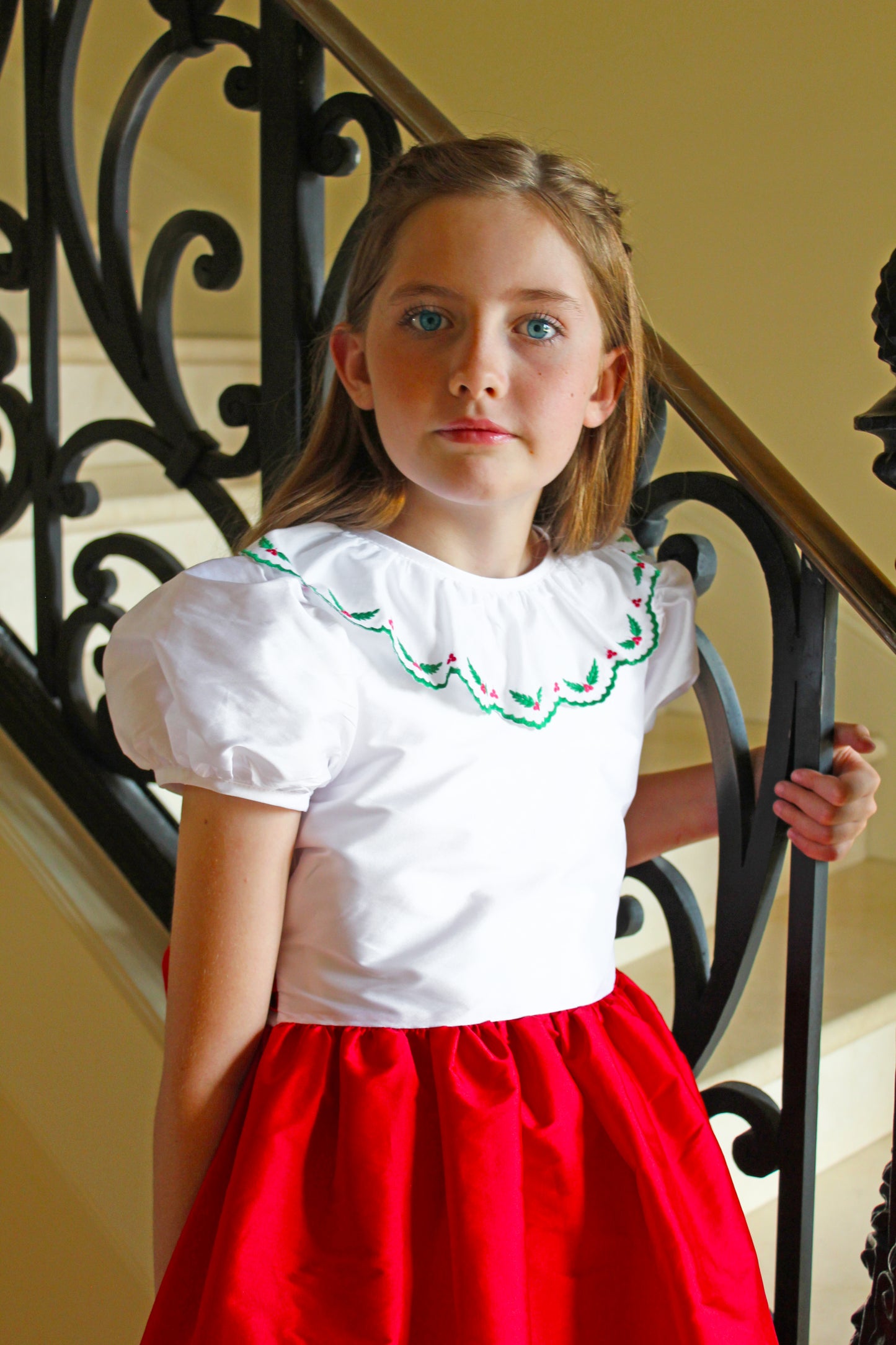 Susanne Lively Girls Red Christmas Party Dress - Red Skirt & Sash - Embroidery Holly on White Bodice