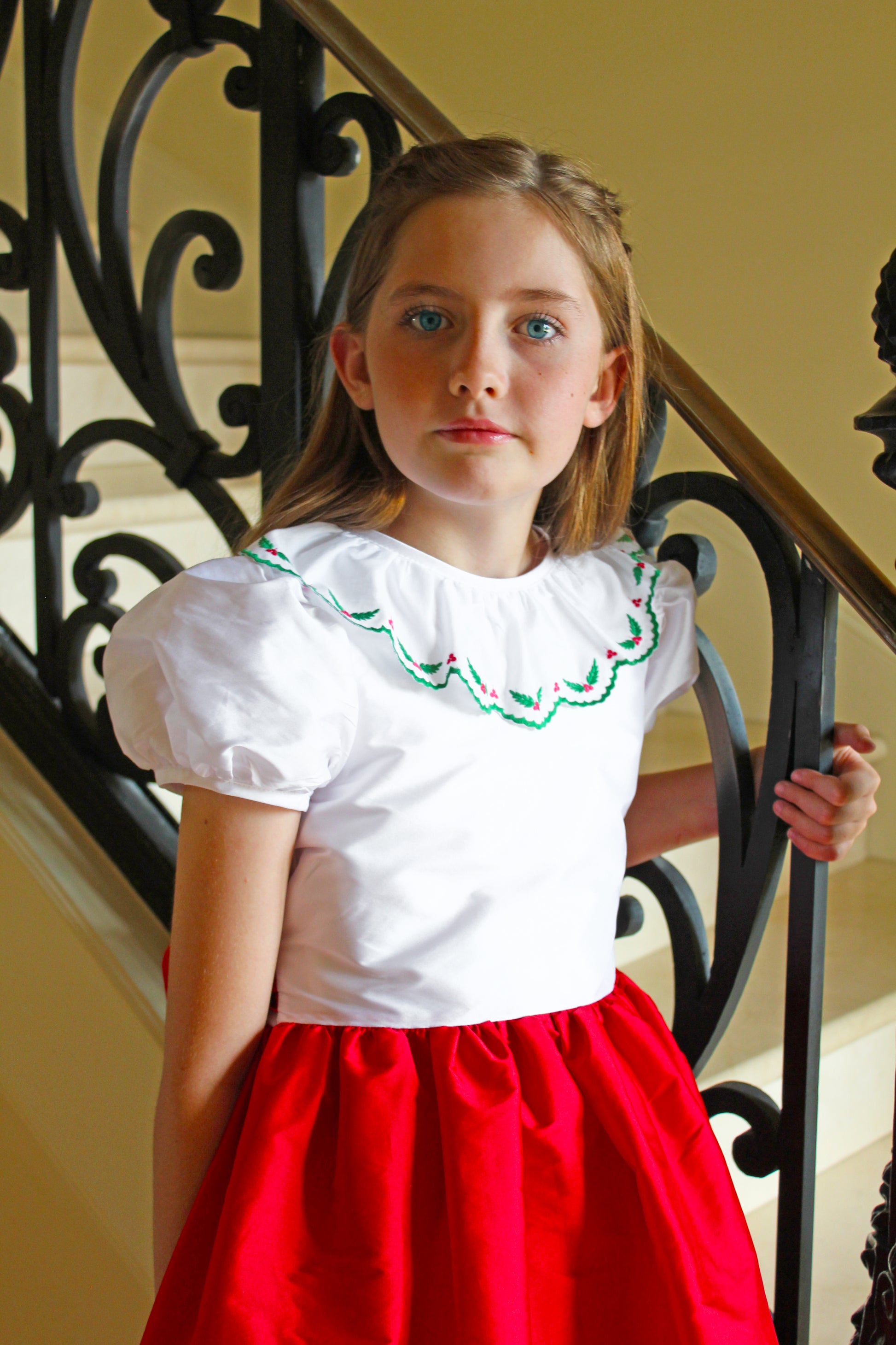 Susanne Lively Girls Red Christmas Party Dress - Red Skirt & Sash - Embroidery Holly on White Bodice