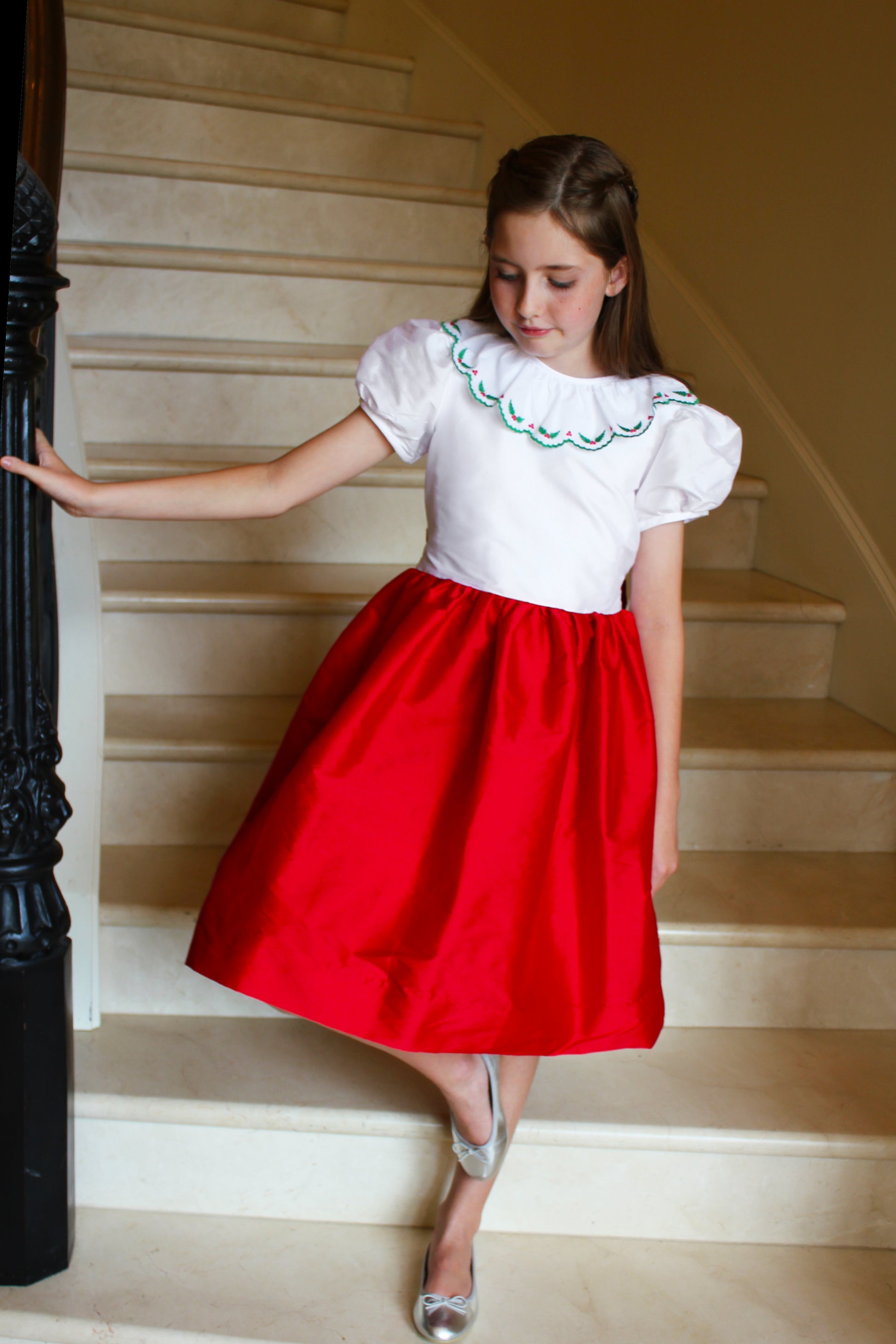 Susanne Lively Girls Red Christmas Party Dress - Red Skirt & Sash - Embroidery Holly on White Bodice