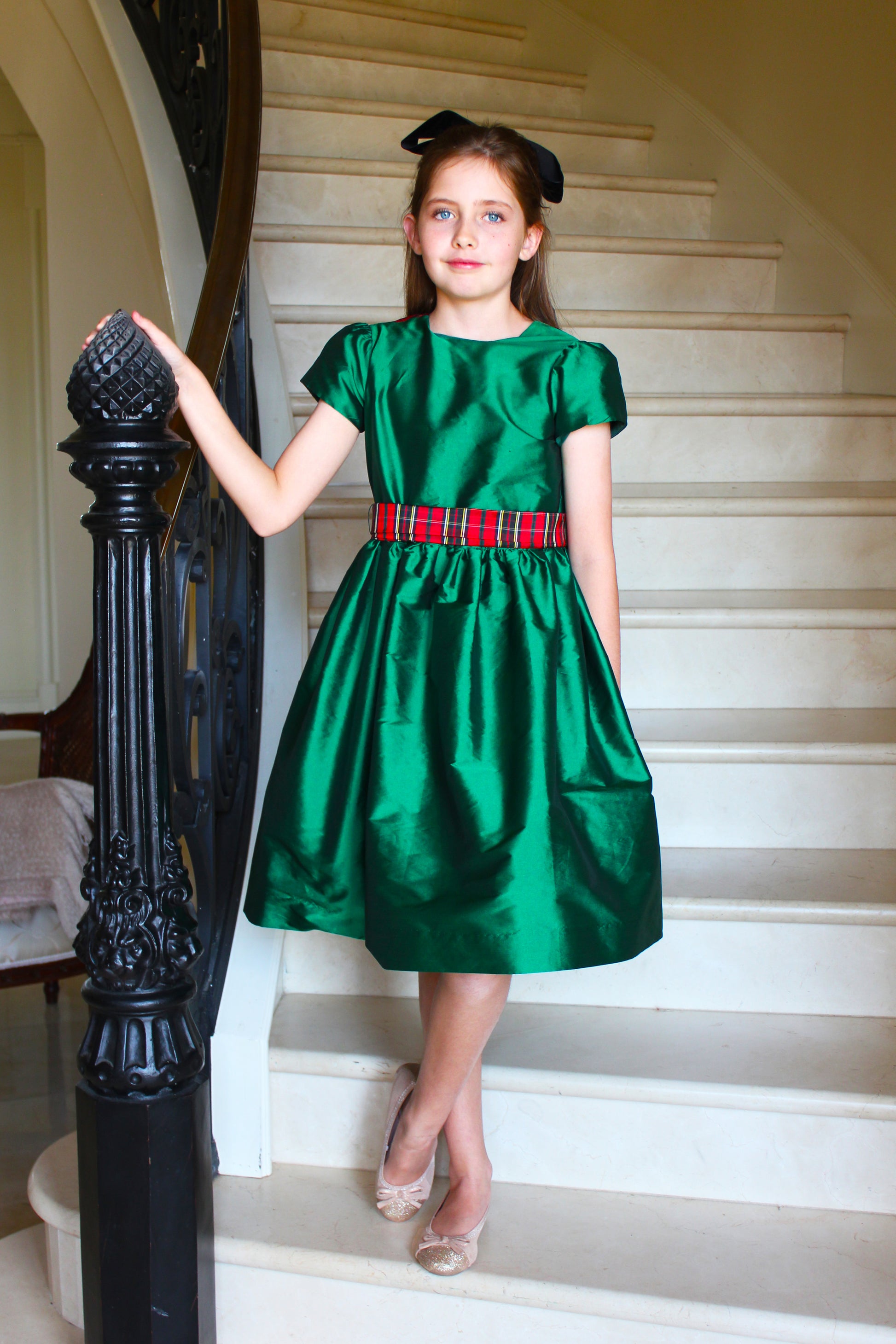 Susanne Lively Girls Green Christmas Party Dress - Red Holiday Plaid V-Back & Sash