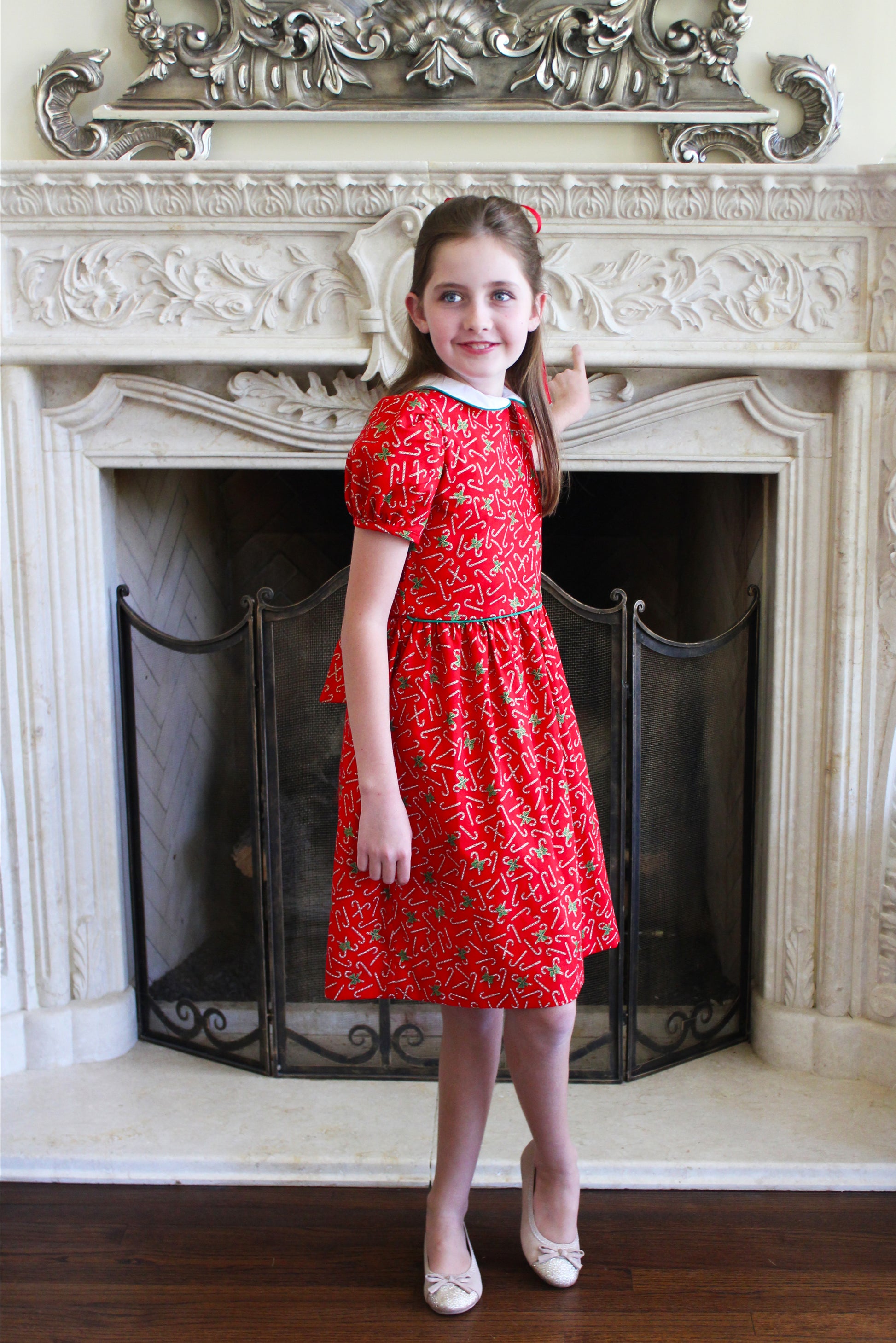 Susanne Lively Girls Red Candy Canes Print Christmas Dres - White Collar