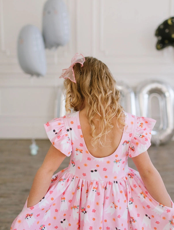 Ollie Jay Girls Olivia Twirl Dress - Pink Halloween Ghosts by Ollie Jay