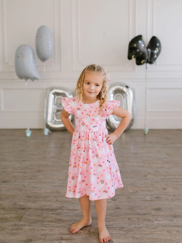 Ollie Jay Girls Olivia Twirl Dress - Pink Halloween Ghosts by Ollie Jay