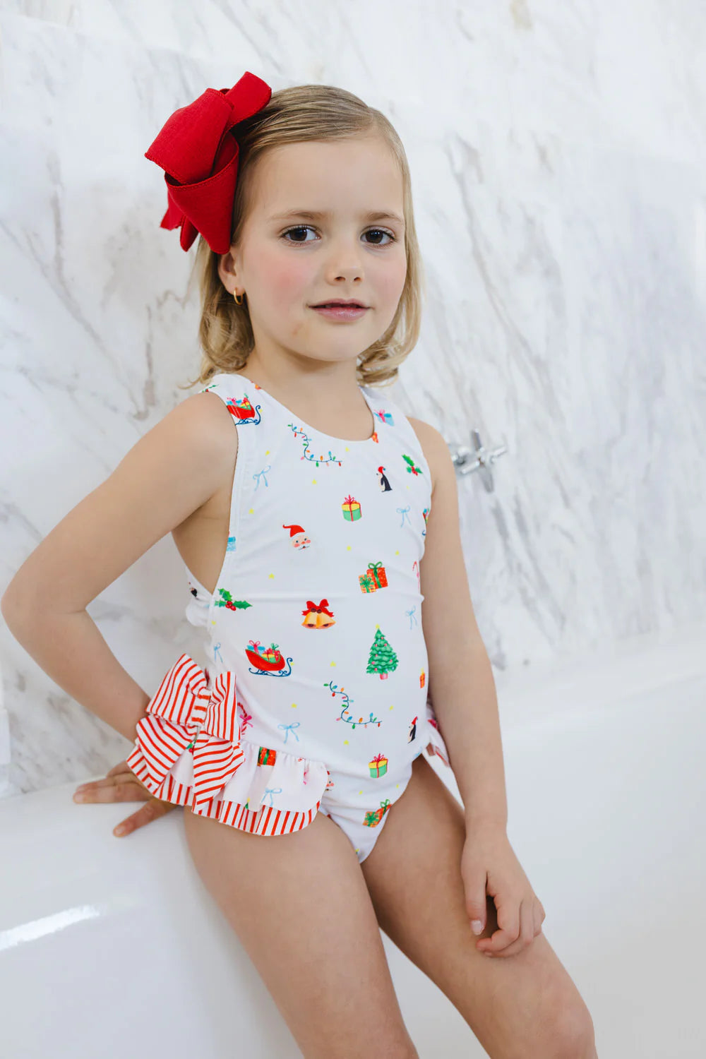 Sal & Pimenta Girls Swimsuit - Bows at Hips - White Christmas Mix Print