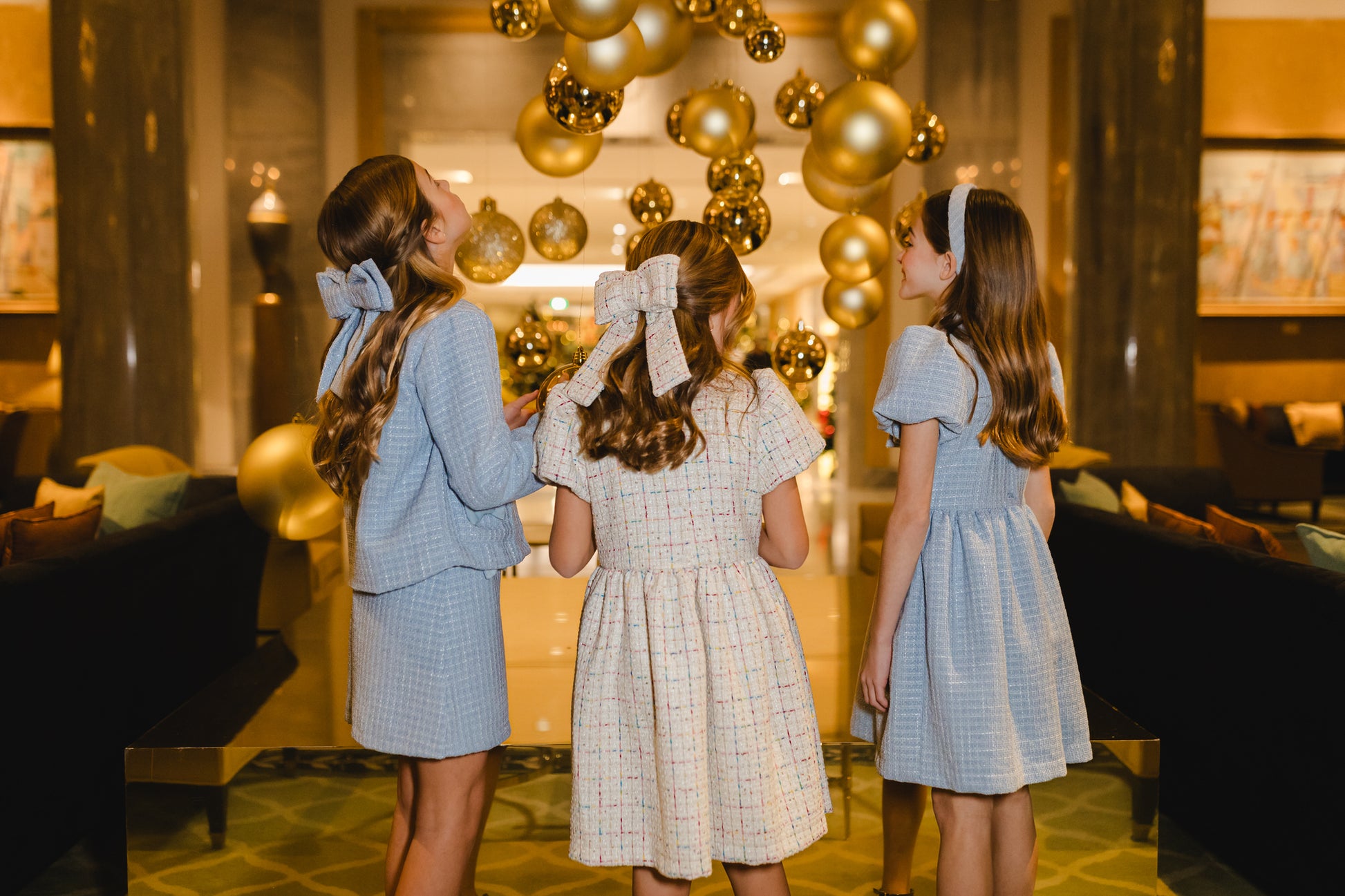Maryland by Sal & Pimenta Girls Tweed Skirt with Bows - Blue Christmas