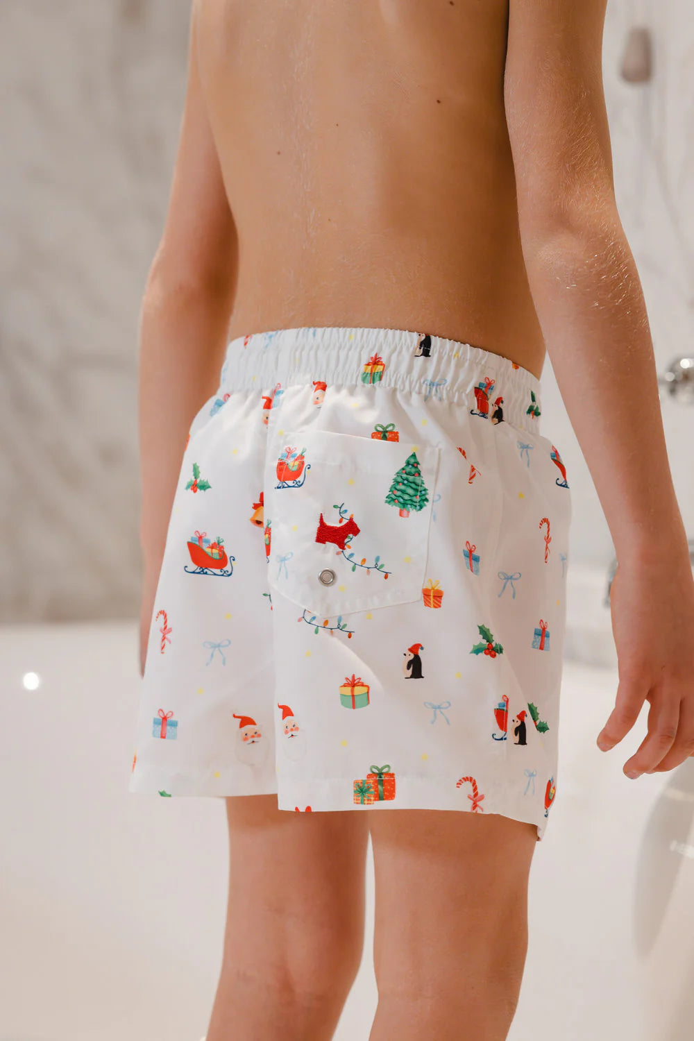 Sal & Pimenta Boys Swim Trunks - White with Christmas Mix Print