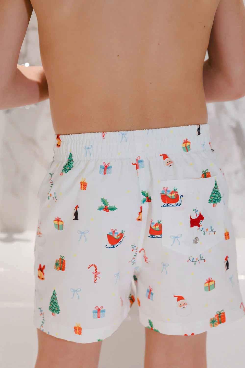 Sal & Pimenta Boys Swim Trunks - White with Christmas Mix Print by Sal & Pimenta