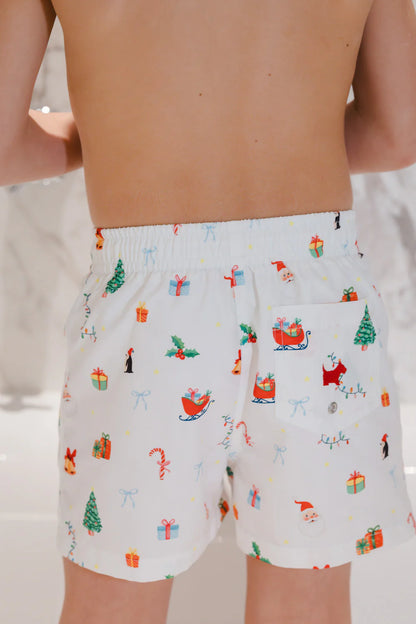 Sal & Pimenta Boys Swim Trunks - White with Christmas Mix Print by Sal & Pimenta