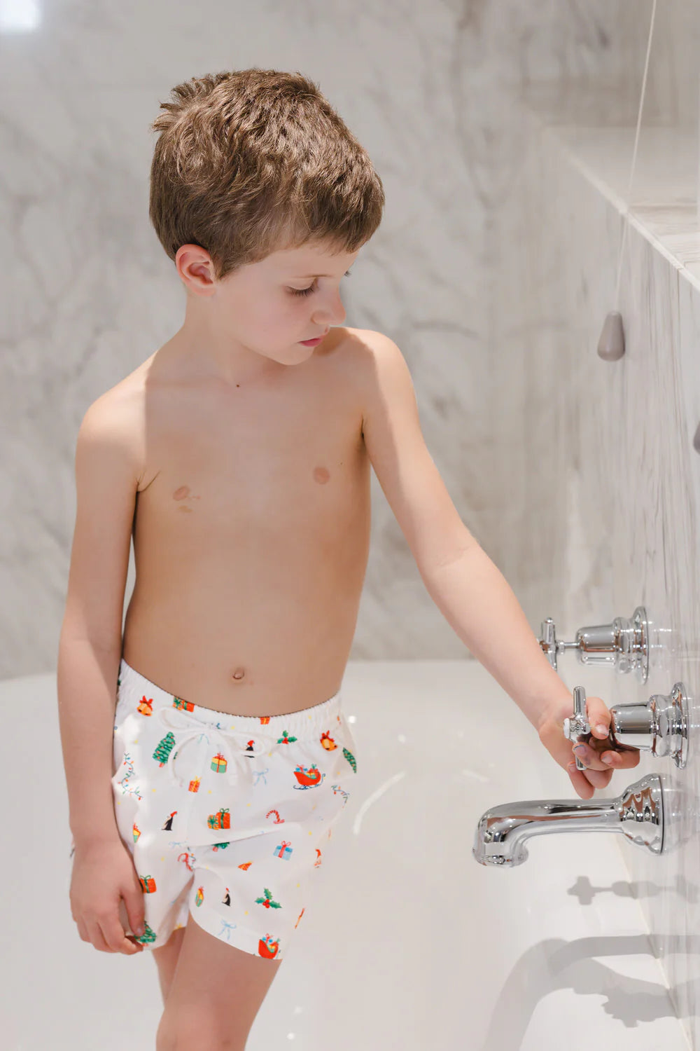 Sal & Pimenta Boys Swim Trunks - White with Christmas Mix Print