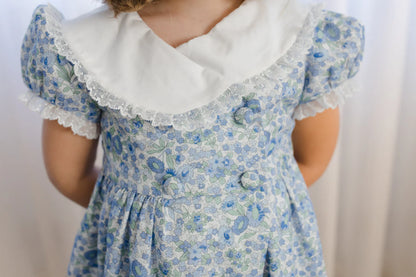 Sal & Pimenta Girls Blue Liberty Snowflake Floral Dress - Fancy Collar by Sal & Pimenta