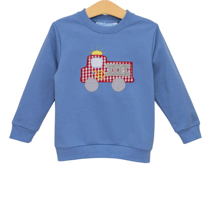 Trotter Street Kids Boys Blue French Terry Pullover - Fire Truck