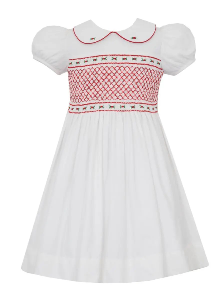 Anavini Girls Winter White Corduroy Smocked Bodice Christmas Dress