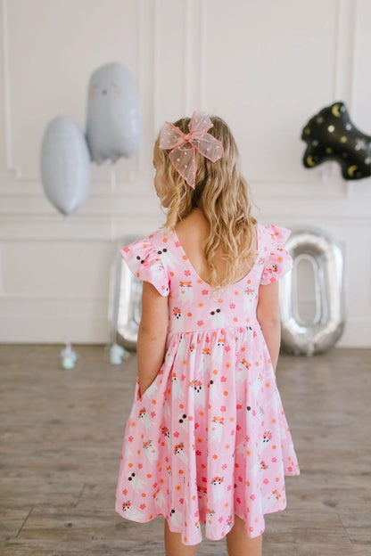 Ollie Jay Girls Olivia Twirl Dress - Pink Halloween Ghosts by Ollie Jay
