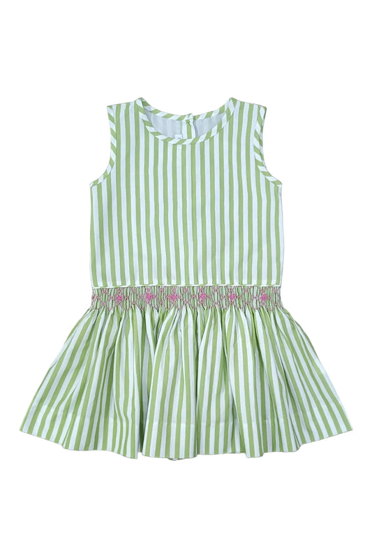 Percy & Tyne Girls Sleeveless Green Stripe Rory Dress - Smocked Drop Waist by Percy & Tyne