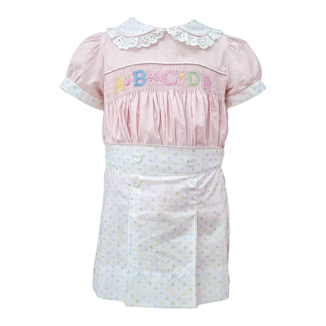 Percy & Tyne Girls Pink & Pastel Dots Martha Dress - Smocked School ABC - Ruffle Collar