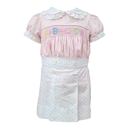 Percy & Tyne Girls Pink & Pastel Dots Martha Dress - Smocked School ABC - Ruffle Collar