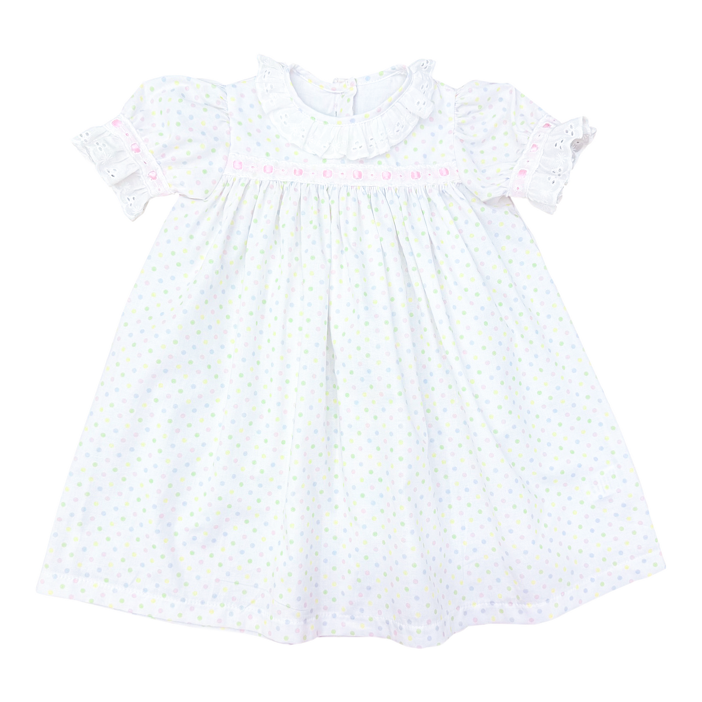 Percy & Tyne Girls Pastel Polka Dots Margaret Dress with Ribbon - Add the Popover!