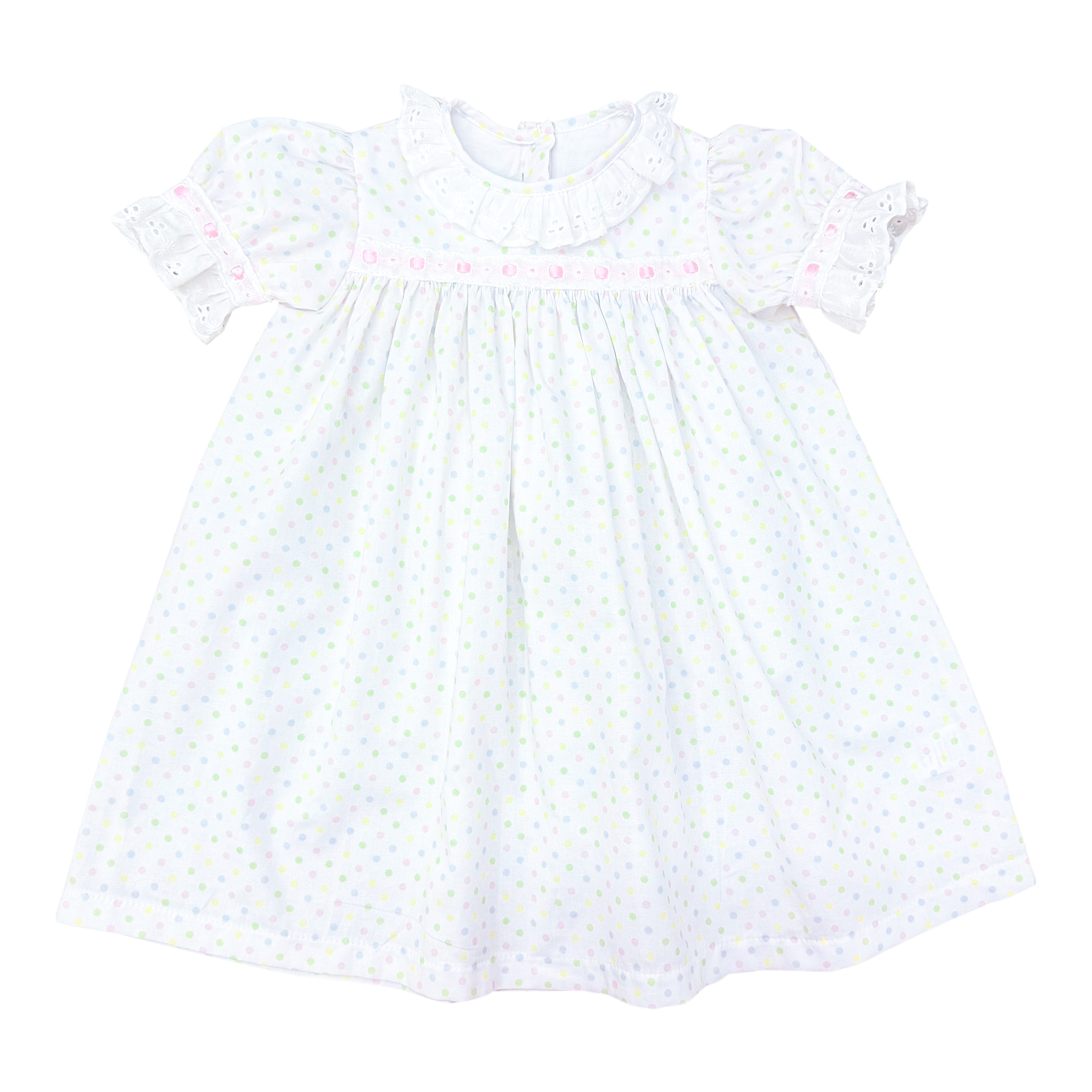 Percy & Tyne Girls Pastel Polka Dots Margaret Dress with Ribbon - Add the Popover!