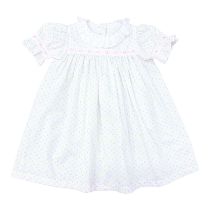 Percy & Tyne Girls Pastel Polka Dots Margaret Dress with Ribbon - Add the Popover!