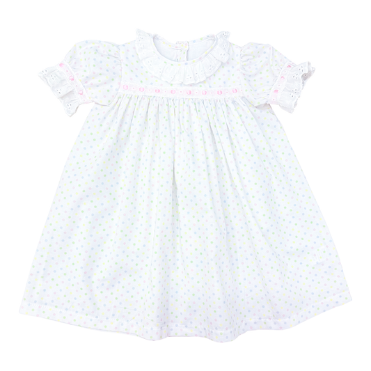 Percy & Tyne Girls Pastel Polka Dots Margaret Dress with Ribbon - Add the Popover!