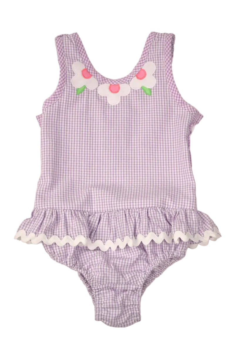 Funtasia Too Girls Lavender Check Ruffle Swimsuit with Flowers by Funtasia