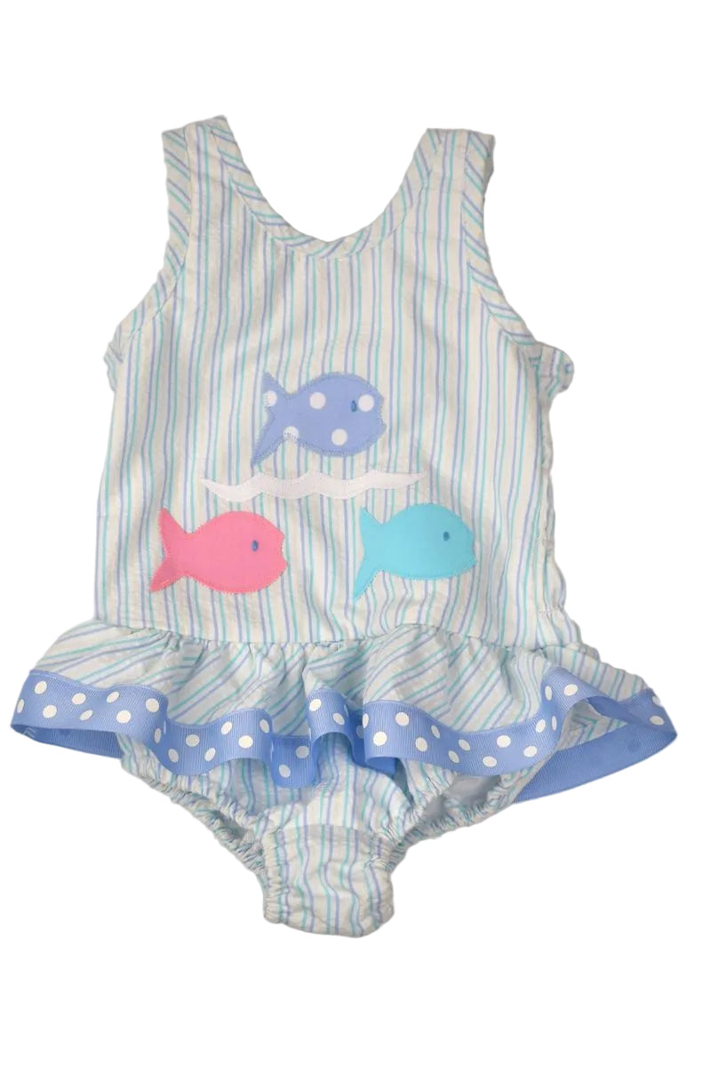 Funtasia Too Girls Ruffle Swimsuit - Blue Stripes with Trio of Fish