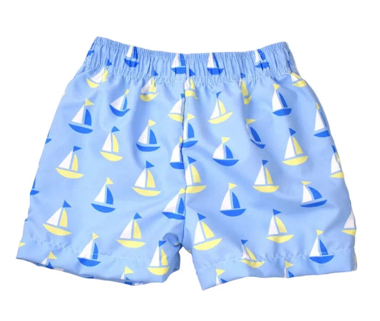 Funtasia Too Boys Swim Trunks - Blue Boats Print by Funtasia
