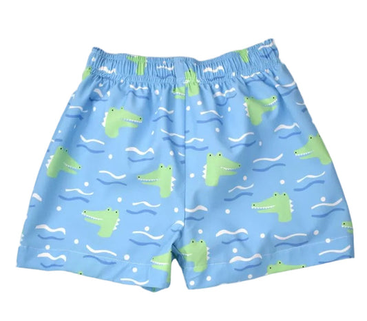 Funtasia Too Boys Blue Swim Trunks - Green Alligators Print by Funtasia