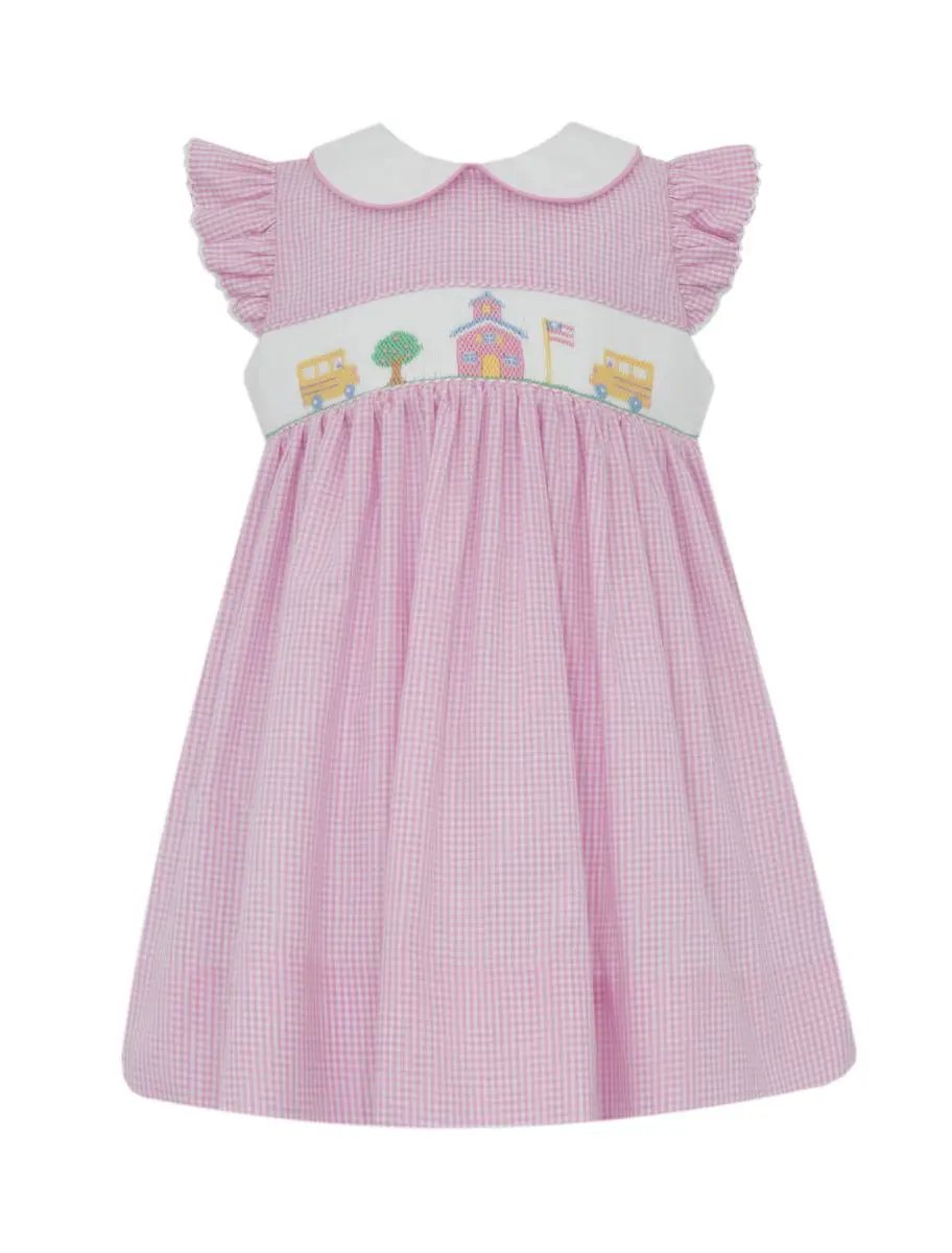 Petit Bebe Girls Pink Gingham School House Sleeveless Dress with White Collar