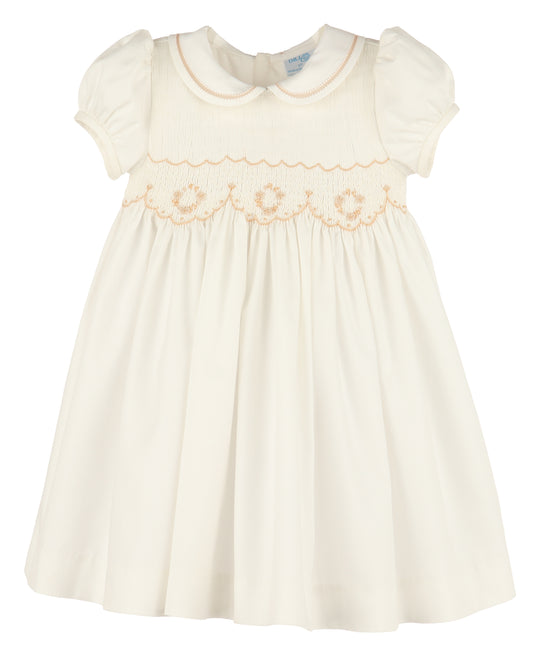 Luli & Me Girls Classic Full Smocked Dress with Sash - Ivory