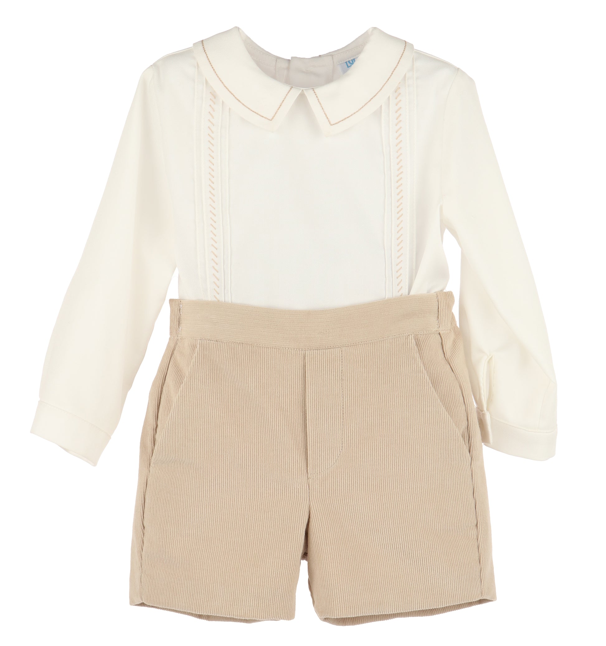 Luli & Me Boys Cozy Cord Shorts Set - Embroidered Shirt - Tan Beige