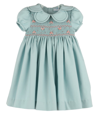 light blue peter pan collar dress Luli & Me Girls Blue Green Smocked Petal Collar Dress with Sash 2T