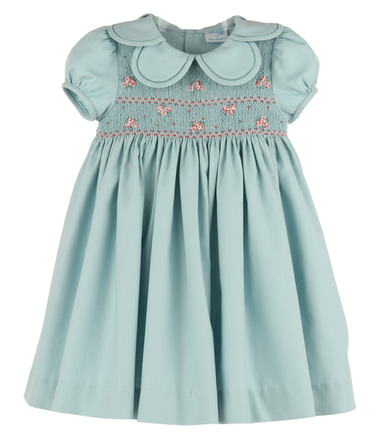 Luli & Me Girls Blue Green Smocked Petal Collar Dress with Sash by Luli & Me