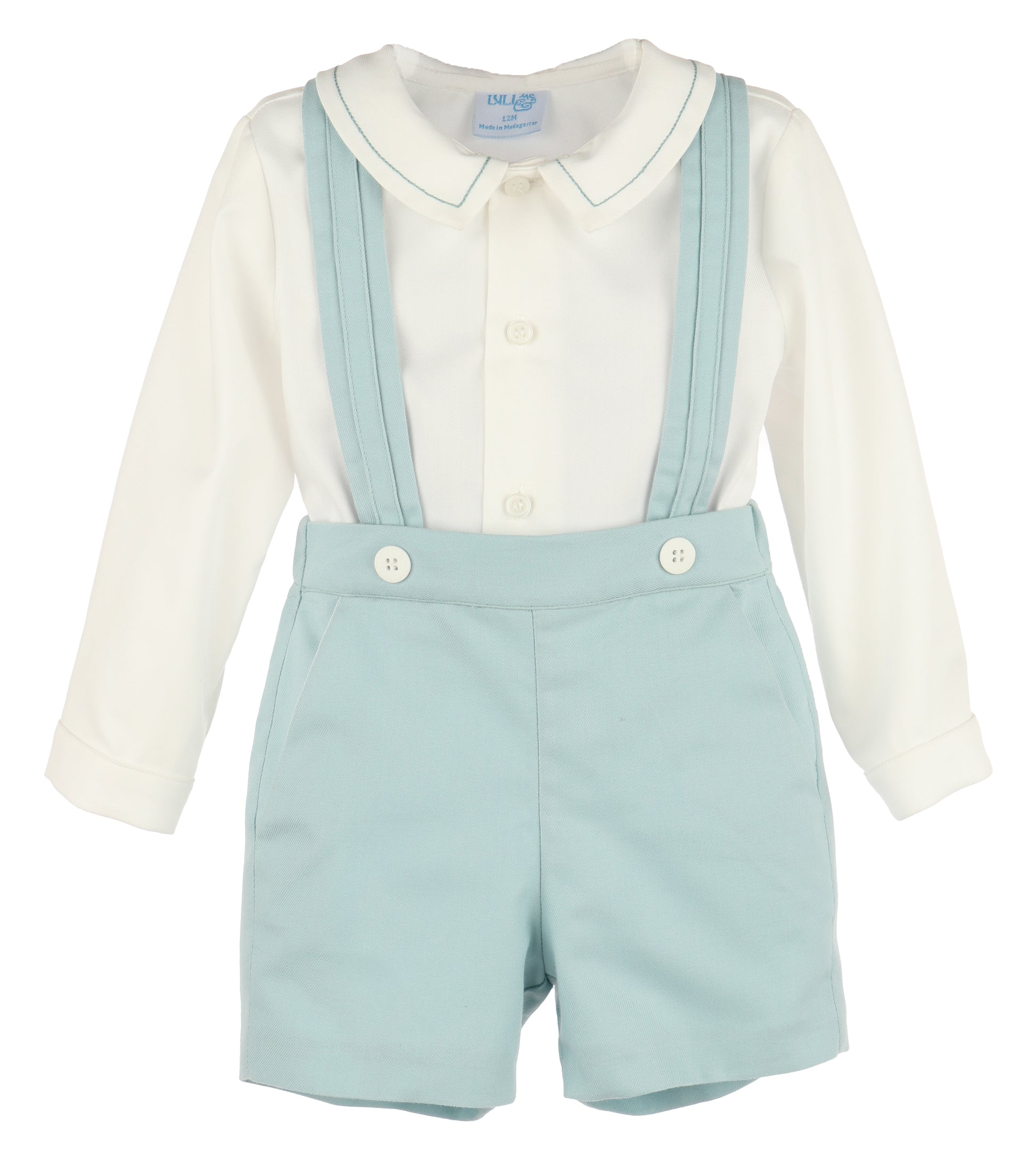 Luli & Me Boys Sage Green Suspender Shorts Set with Trimmed Shirt