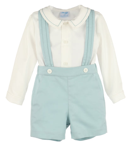 Luli & Me Boys Sage Green Suspender Shorts Set with Trimmed Shirt