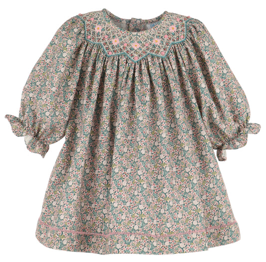 Luli & Me Girls Teal Forest Floral Smocked Bishop Dress