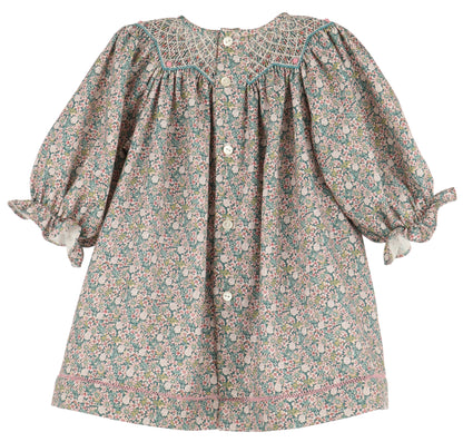 Luli & Me Girls Teal Forest Floral Smocked Bishop Dress